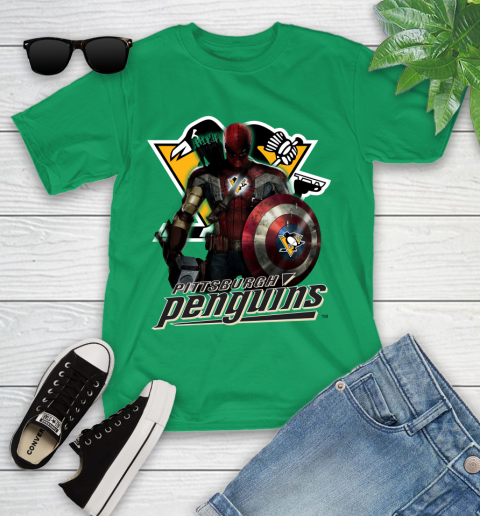 NHL Captain America Thor Spider Man Hawkeye Avengers Endgame Hockey Pittsburgh Penguins Youth T-Shirt 6