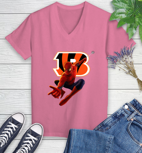 NFL Spider Man Avengers Endgame Football Cincinnati Bengals Women's V-Neck T-Shirt 13