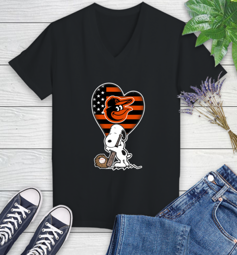 Baltimore Orioles MLB Baseball The Peanuts Movie Adorable Snoopy Women's V-Neck T-Shirt 2