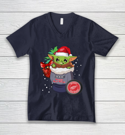 Detroit Red Wings Christmas Baby Yoda Star Wars Funny Happy NHL V-Neck T-Shirt 3