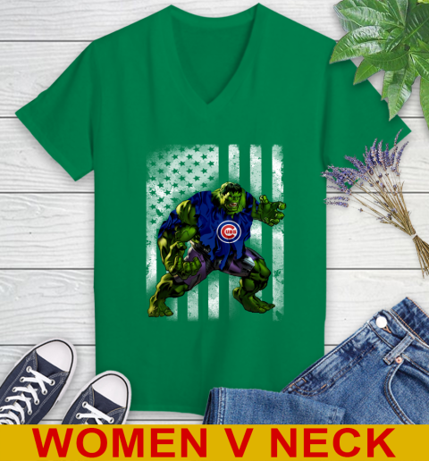 Chicago Cubs Hulk Marvel Avengers MLB Baseball American Flag Women's V-Neck T-Shirt 5