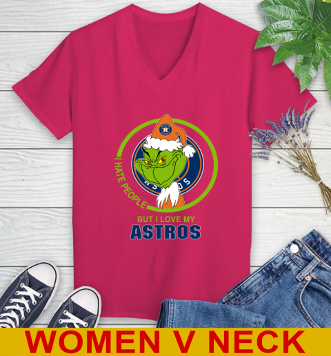 Houston Astros MLB Christmas Grinch I Hate People But I Love My Favorite Baseball Team Women's V-Neck T-Shirt 10