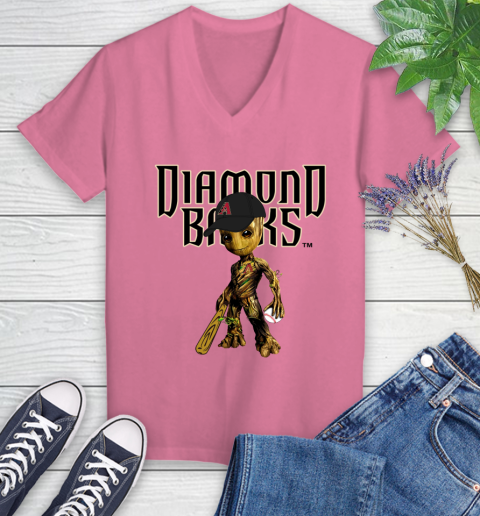 MLB Arizona Diamondbacks Groot Guardians Of The Galaxy Baseball Women's V-Neck T-Shirt 13