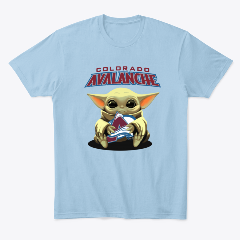 xsr3 baby yoda hugs the colorado avalanche classic t shirt 2 front light blue