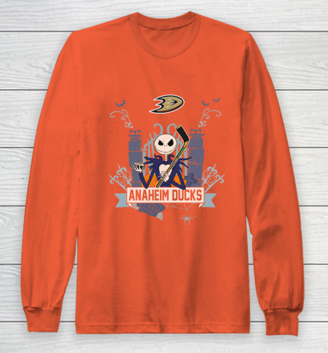NHL Anaheim Ducks Hockey Jack Skellington Halloween Long Sleeve T-Shirt 3