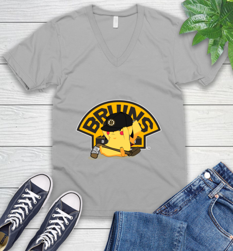 NHL Pikachu Hockey Sports Boston Bruins V-Neck T-Shirt 4
