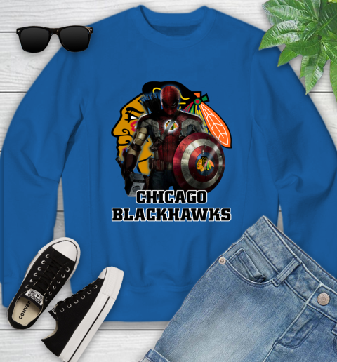 NHL Captain America Thor Spider Man Hawkeye Avengers Endgame Hockey Chicago Blackhawks Youth Sweatshirt 8
