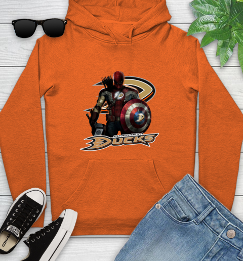 NHL Captain America Thor Spider Man Hawkeye Avengers Endgame Hockey Anaheim Ducks Youth Hoodie 5