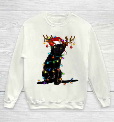 Black Cat Christmas Light T Shirt Funny Cat Lover Christmas Youth Sweatshirt