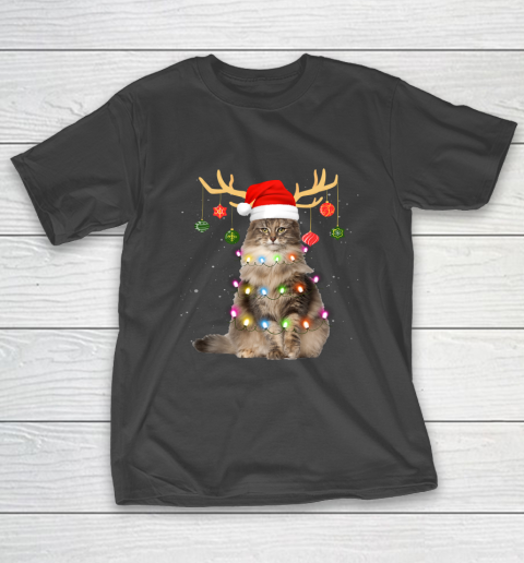 Reindeer Norwegian Forest Cat Santa Hat Christmas Light Xmas T-Shirt