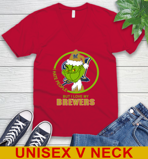 Milwaukee Brewers MLB Christmas Grinch I Hate People But I Love My Favorite Baseball Team V-Neck T-Shirt 7