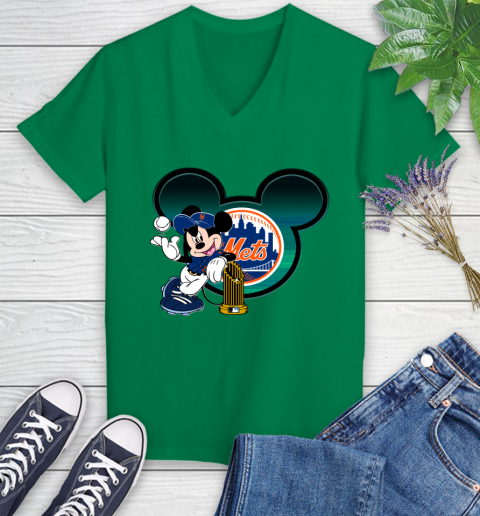 MLB New York Mets The Commissioner's Trophy Mickey Mouse Disney Women's V-Neck T-Shirt 5