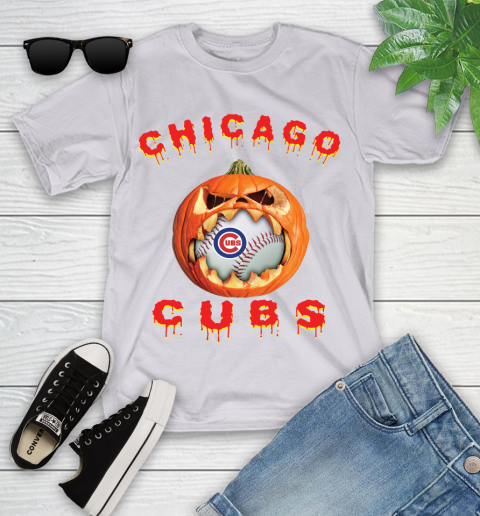 MLB Chicago Cubs Halloween Pumpkin Baseball Sports Youth T-Shirt 4