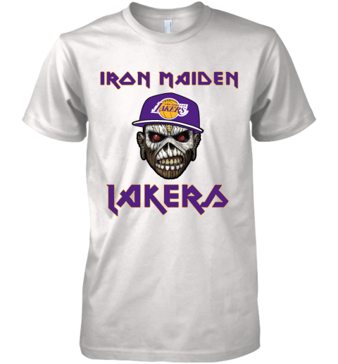 9slf nba los angeles lakers iron maiden rock band music basketball premium guys tee 5 front white