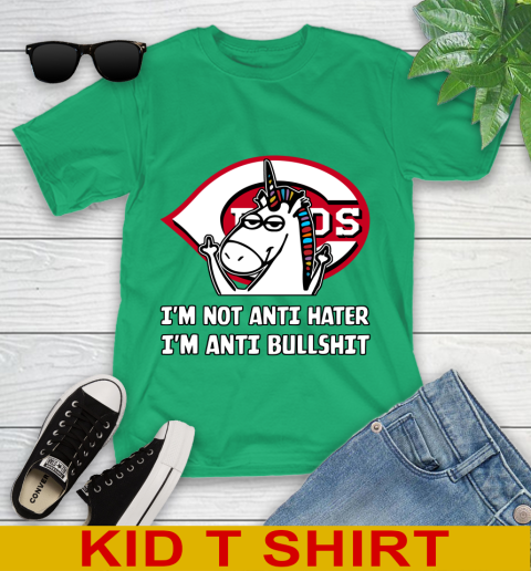 Cincinnati Reds MLB Baseball Unicorn I'm Not Anti Hater I'm Anti Bullshit Youth T-Shirt 6
