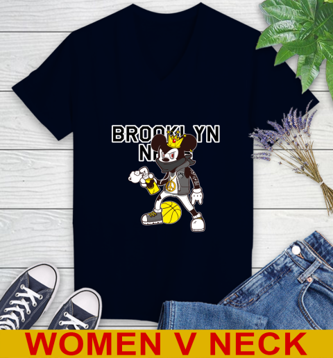 Brooklyn Nets NBA Basketball Mickey Peace Sign Sports Women's V-Neck T-Shirt 3