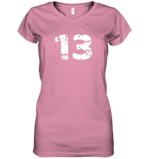 yoln number 13 baseball vintage distressed team women v neck t shirt 39 front azalea