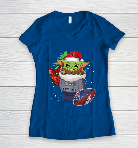 Houston Texans Christmas Baby Yoda Star Wars Funny Happy NFL Women's V-Neck T-Shirt 9