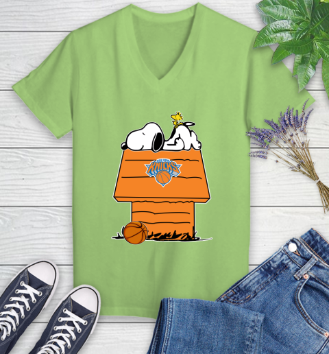 New York Knicks NBA Basketball Snoopy Woodstock The Peanuts Movie Women's V-Neck T-Shirt 11