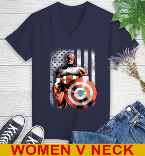 Oklahoma City Thunder NBA Basketball Captain America Marvel Avengers American Flag Shirt Women's V-Neck T-Shirt 12