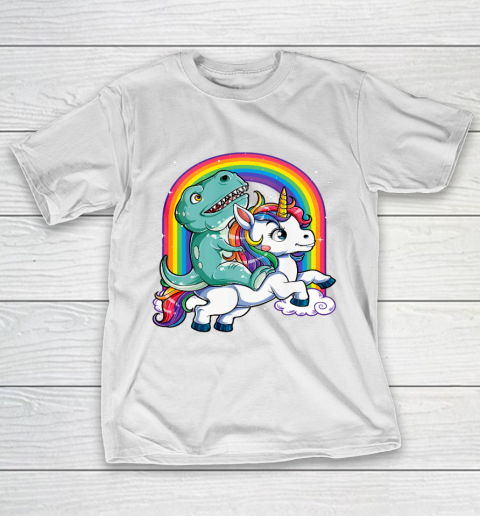 Dinosaur Riding Unicorn T Shirt Kids Men Rainbow Gifts T rex T-Shirt