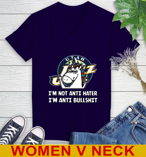 Utah Jazz NBA Basketball Unicorn I'm Not Anti Hater I'm Anti Bullshit Women's V-Neck T-Shirt 4