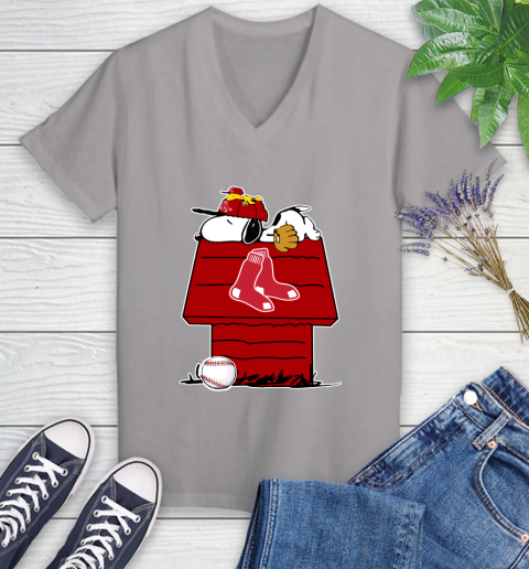 MLB Boston Red Sox Snoopy Woodstock The Peanuts Movie Baseball T Shirt Women's V-Neck T-Shirt 4