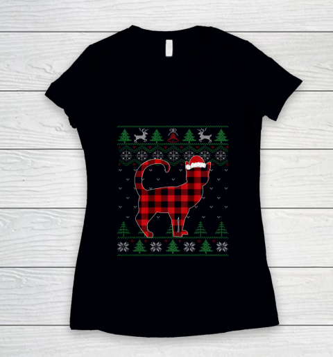 Plaid Cat Ugly Christmas Sweater Pajama Matching Family Gift Women's V-Neck T-Shirt