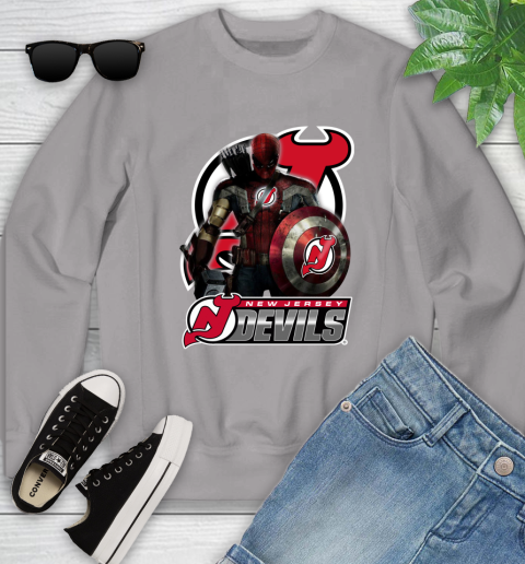 NHL Captain America Thor Spider Man Hawkeye Avengers Endgame Hockey New Jersey Devils Youth Sweatshirt 4