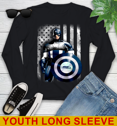 Seattle Seahawks NFL Football Captain America Marvel Avengers American Flag Shirt Youth Long Sleeve