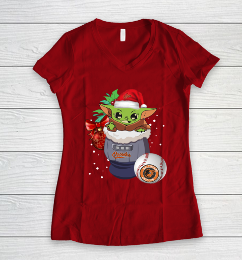 Baltimore Orioles Christmas Baby Yoda Star Wars Funny Happy MLB Women's V-Neck T-Shirt 10