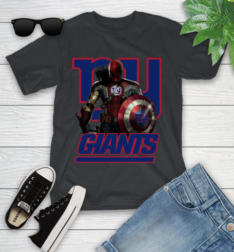 NFL Captain America Thor Spider Man Hawkeye Avengers Endgame Football New York Giants Youth T-Shirt 2