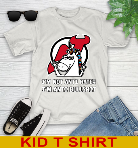 New Jersey Devils NHL Hockey Unicorn I'm Not Anti Hater I'm Anti Bullshit Youth T-Shirt 12