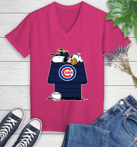 MLB Chicago Cubs Snoopy Woodstock The Peanuts Movie Baseball T Shirt Women's V-Neck T-Shirt 9