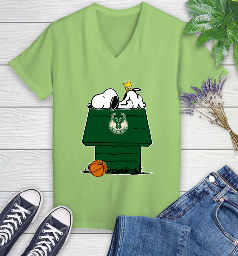 Milwaukee Bucks NBA Basketball Snoopy Woodstock The Peanuts Movie Women's V-Neck T-Shirt 11