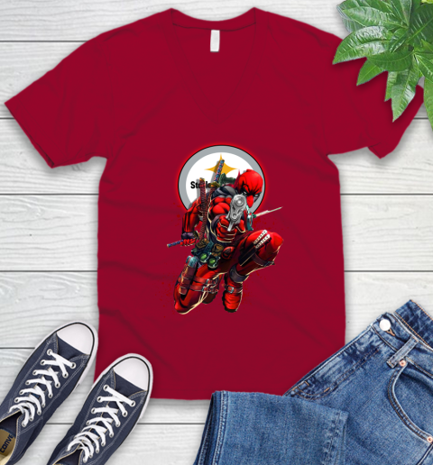 NFL Deadpool Marvel Comics Sports Football Pittsburgh Steelers V-Neck T-Shirt 8