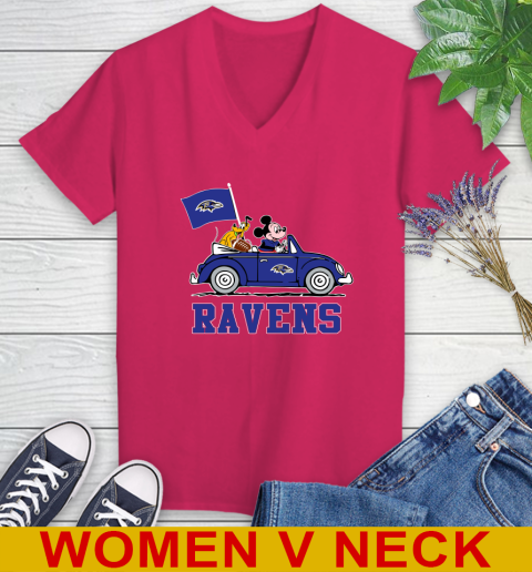 NFL Football Baltimore Ravens Pluto Mickey Driving Disney Shirt Women's V-Neck T-Shirt 10