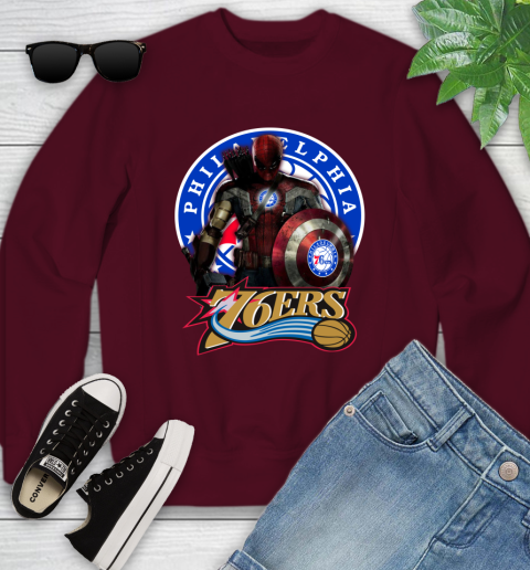 Philadelphia 76ers NBA Basketball Captain America Thor Spider Man Hawkeye Avengers (1) Youth Sweatshirt 5