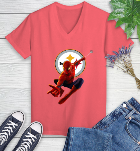 NFL Spider Man Avengers Endgame Football Pittsburgh Steelers Women's V-Neck T-Shirt 6