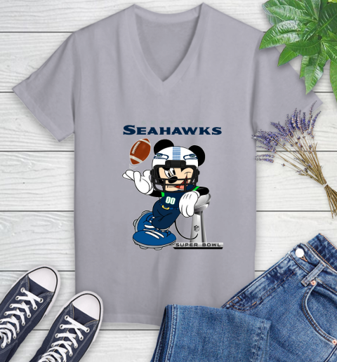 NFL Seattle Seahawks Mickey Mouse Disney Super Bowl Football T Shirt Women's V-Neck T-Shirt 4