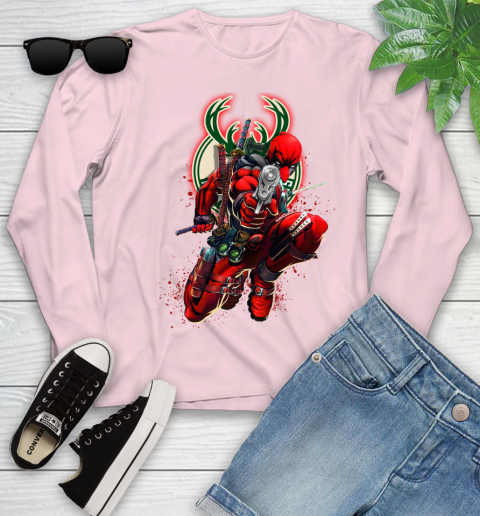 NBA Deadpool Marvel Comics Sports Basketball Milwaukee Bucks Youth Long Sleeve 10