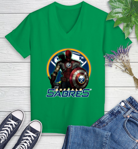 NHL Captain America Thor Spider Man Hawkeye Avengers Endgame Hockey Buffalo Sabres Women's V-Neck T-Shirt 5