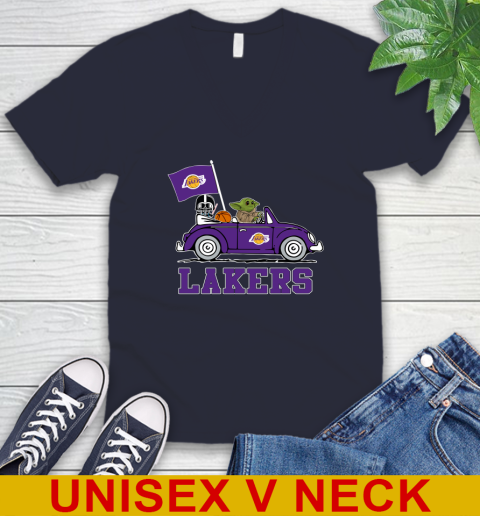 NBA Basketball Los Angeles Lakers Darth Vader Baby Yoda Driving Star Wars Shirt V-Neck T-Shirt 3