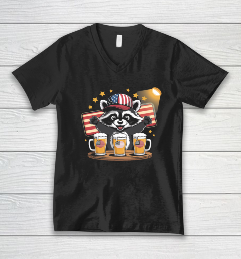 Raccoon red white and brew Funny Independence Day 4th of July V-Neck T-Shirt