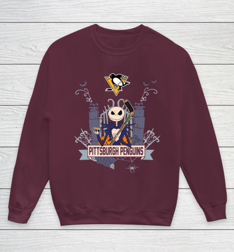 NHL Pittsburgh Penguins Hockey Jack Skellington Halloween Youth Sweatshirt 4