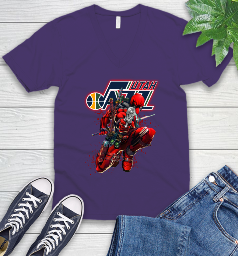 NBA Deadpool Marvel Comics Sports Basketball Utah Jazz V-Neck T-Shirt 10