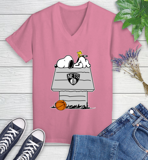 Brooklyn Nets NBA Basketball Snoopy Woodstock The Peanuts Movie Women's V-Neck T-Shirt 13