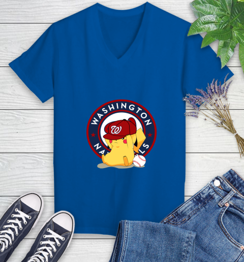 MLB Pikachu Baseball Sports Washington Nationals Women's V-Neck T-Shirt 10