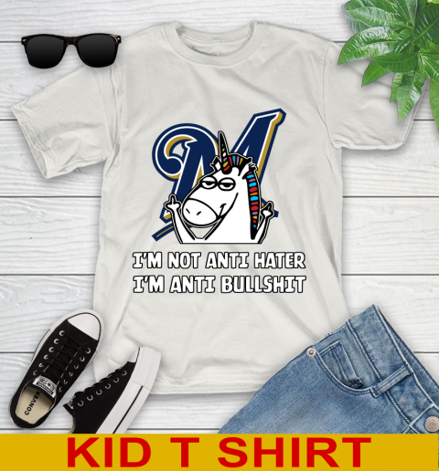 Milwaukee Brewers MLB Baseball Unicorn I'm Not Anti Hater I'm Anti Bullshit Youth T-Shirt 12