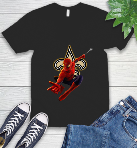 NFL Spider Man Avengers Endgame Football New Orleans Saints V-Neck T-Shirt 2
